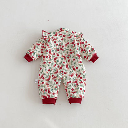 Winter Arrival Baby Girls Long Sleeves Cherry Pattern Fleece-Lined Rompers