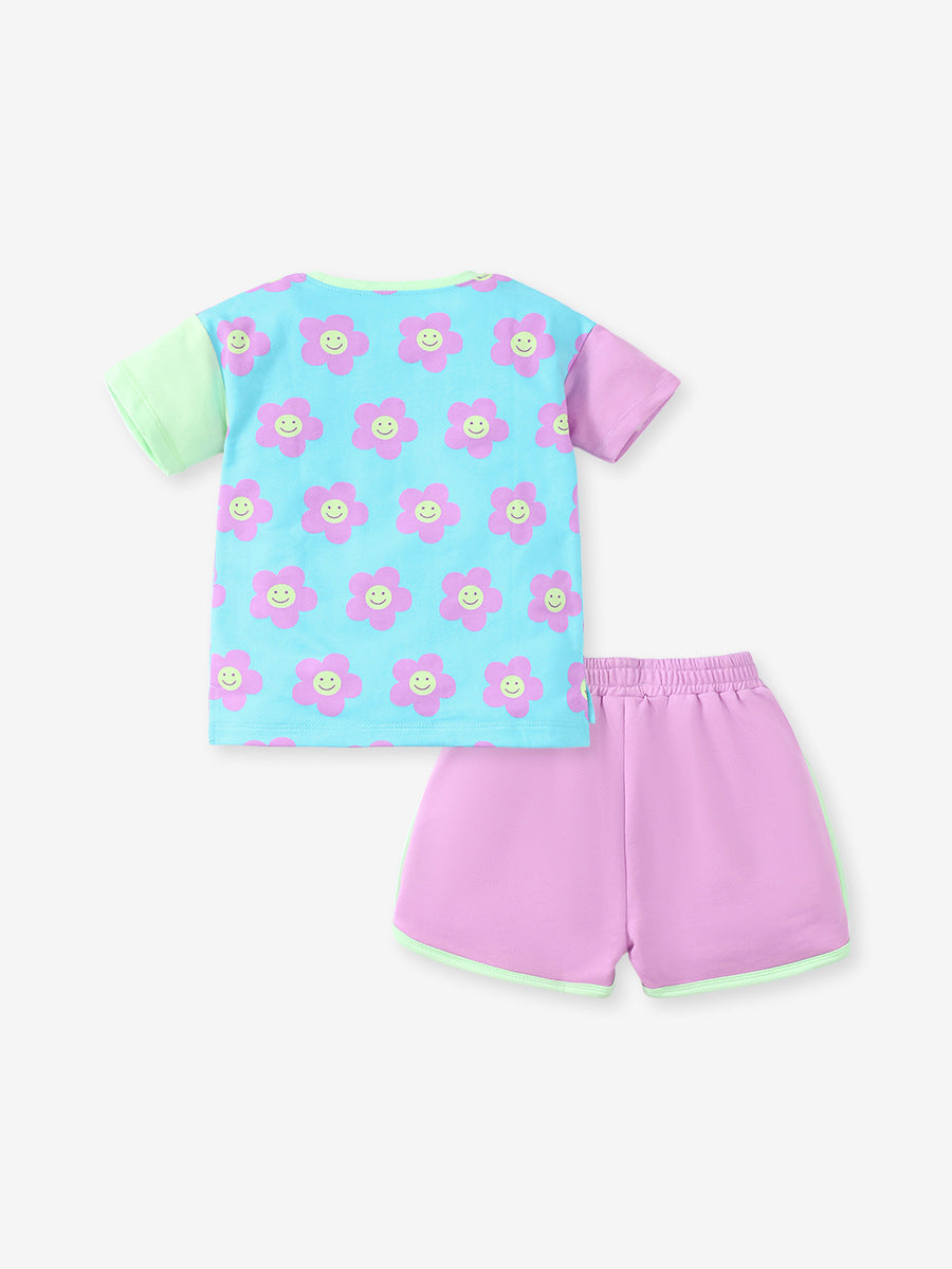Baby And Kids Girls Floral Cartoon Top And Shorts Casual Home Clothing Set