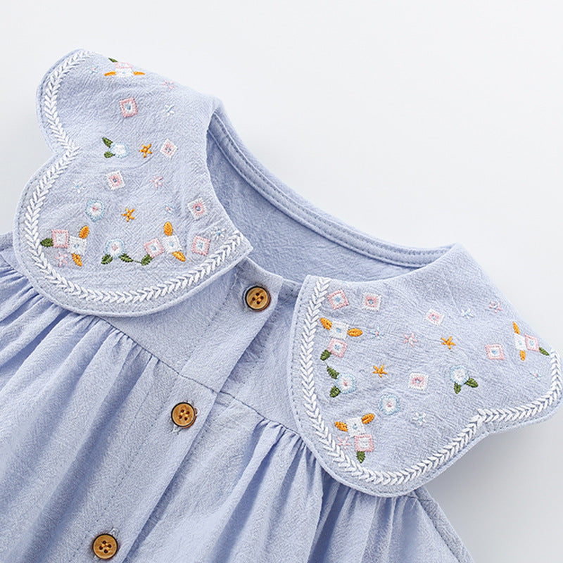 Summer Arrival Blue Single Breasted Sleeveless Dress with Embroidered Collar for Stylish Girls, MyKids-USA®, Baby & Toddler Dresses, MyKids-USA -  -  -  -  -  -  - 