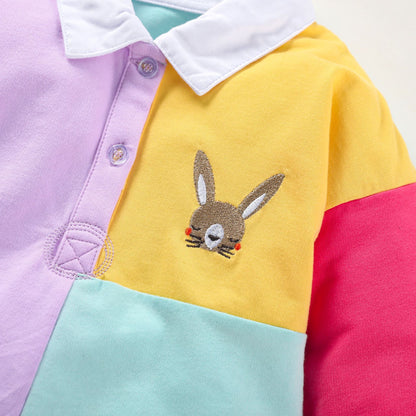 Spring Grils Kids Long Sleeve Cartoon Animals Embroidery Logo Patchwork Dress