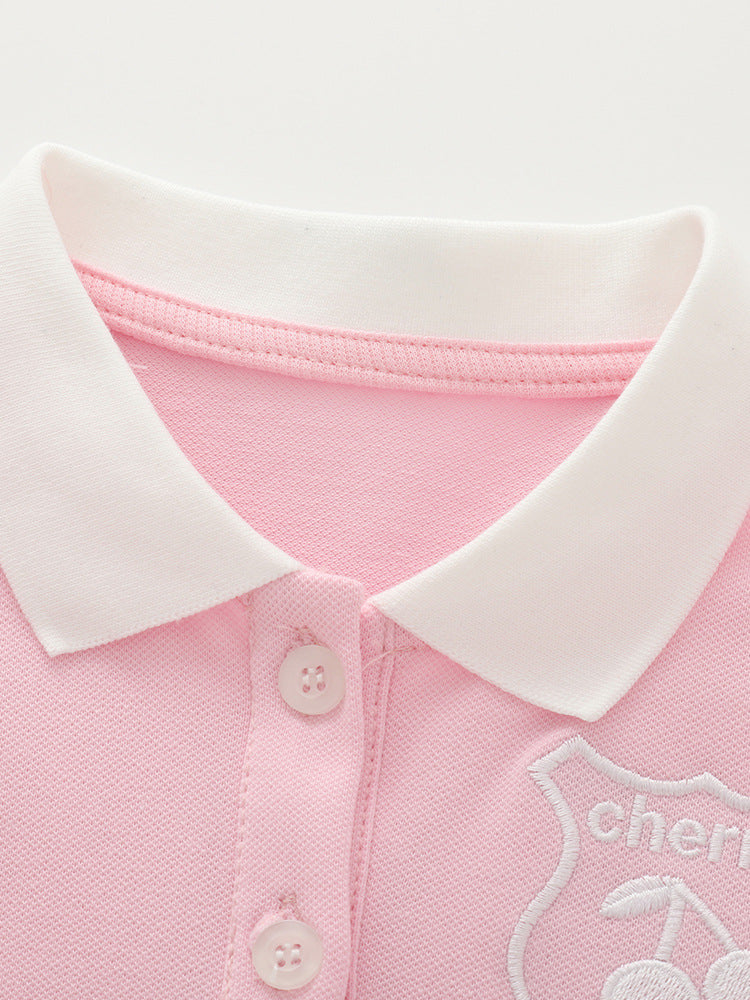Arrival Summer Baby Kids Girls Short Sleeves Embroidered Pattern Polo Top and Pink Skirt Clothing Set