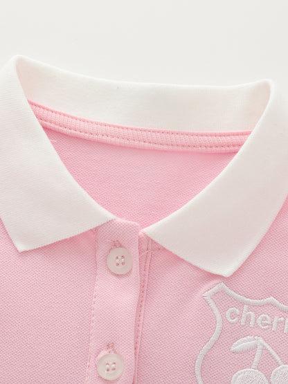 Arrival Summer Baby Kids Girls Short Sleeves Embroidered Pattern Polo Top and Pink Skirt Clothing Set