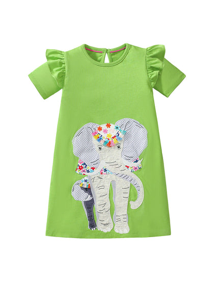 Summer Pure Cotton Animals Pattern Short-sleeved Green Dress for Stylish Girls, MyKids-USA®, Baby & Toddler Dresses, MyKids-USA -  -  -  -  -  -  - 