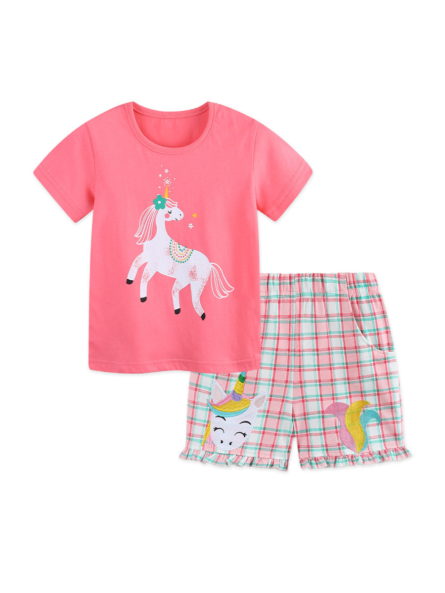Arrival Summer Baby Kids Girls Short Sleeves Cartoon Pattern T-shirt and Plaid Shorts Clothing Set