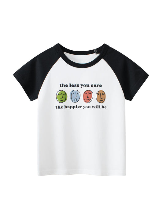 Boys’ Cartoon And Letters Print Color Patchwork T-Shirt In European And American Style