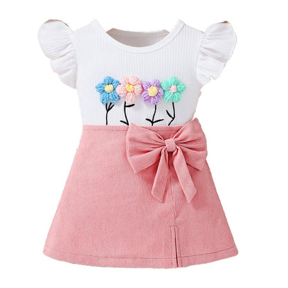 Summer Baby Kids Girls Short Sleeves Flowers Pattern Top and Pink Skirt Set, MyKids-USA®, Baby & Children's Outfits, MyKids-USA - Size/Age - 73 (6-9M) - Color - Pink -  -  - TR2606012237-A.