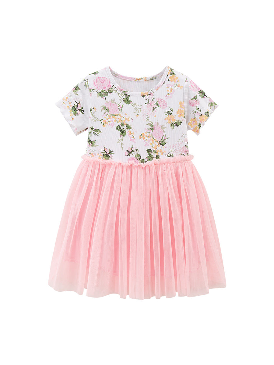 Spring And Summer Baby Girls Crew Neck Short Sleeves Floral Chiffon Dress