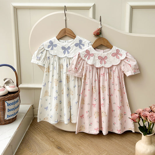 Summer Baby Kids Girls Short Sleeves Floral Teddy Print Embroidery Collar Princess Dress