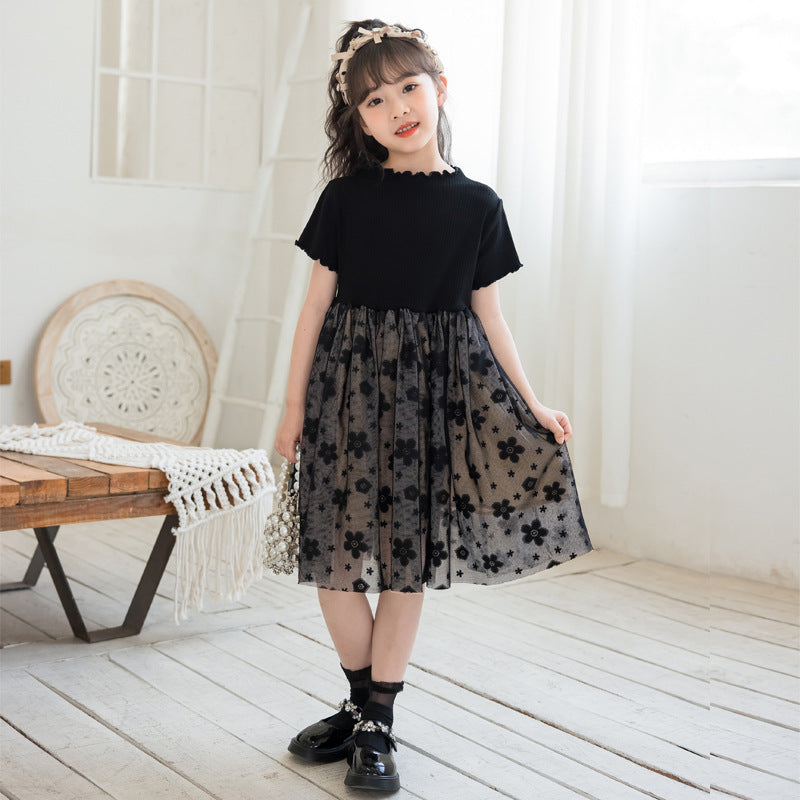 Solid Black Short Sleeve Mesh Dress For Children Girl