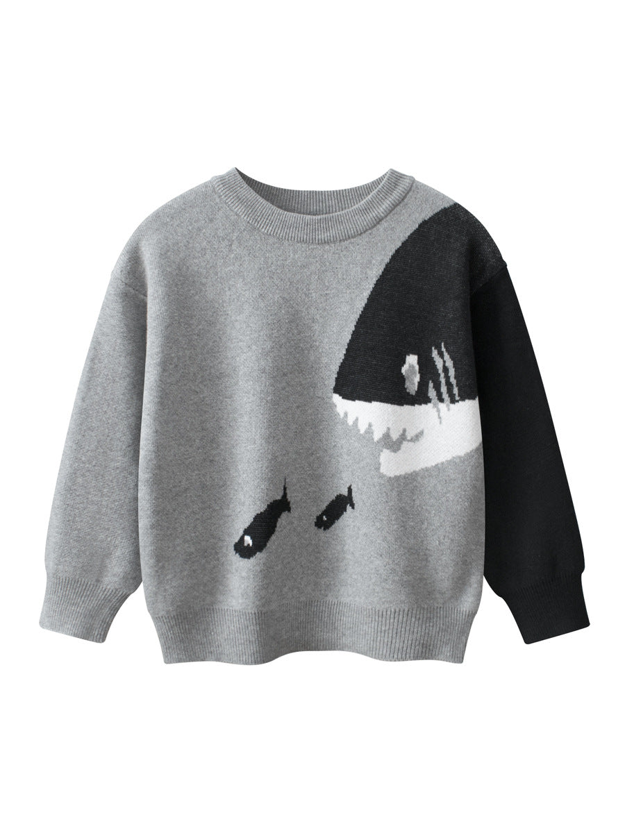 Baby Boy Kids Fish and Shark Pattern Crew Neck Long Sleeves Knitwear Pullover, MyKids-USA®, Baby & Toddler Outerwear, MyKids-USA - Size/Age - 90 (12-24M) - Color - Grey -  -  - TR2410050903-B