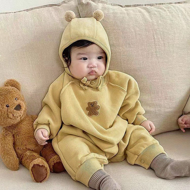Autumn and Winter Arrival Baby Unisex Long Sleeves Teddy Bear Pattern Fleece-Lined Rompers