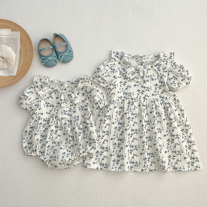 Summer Baby Kids Girls Vine Pattern Onesies And Girls’ Dress – Princess Sister Matching Set