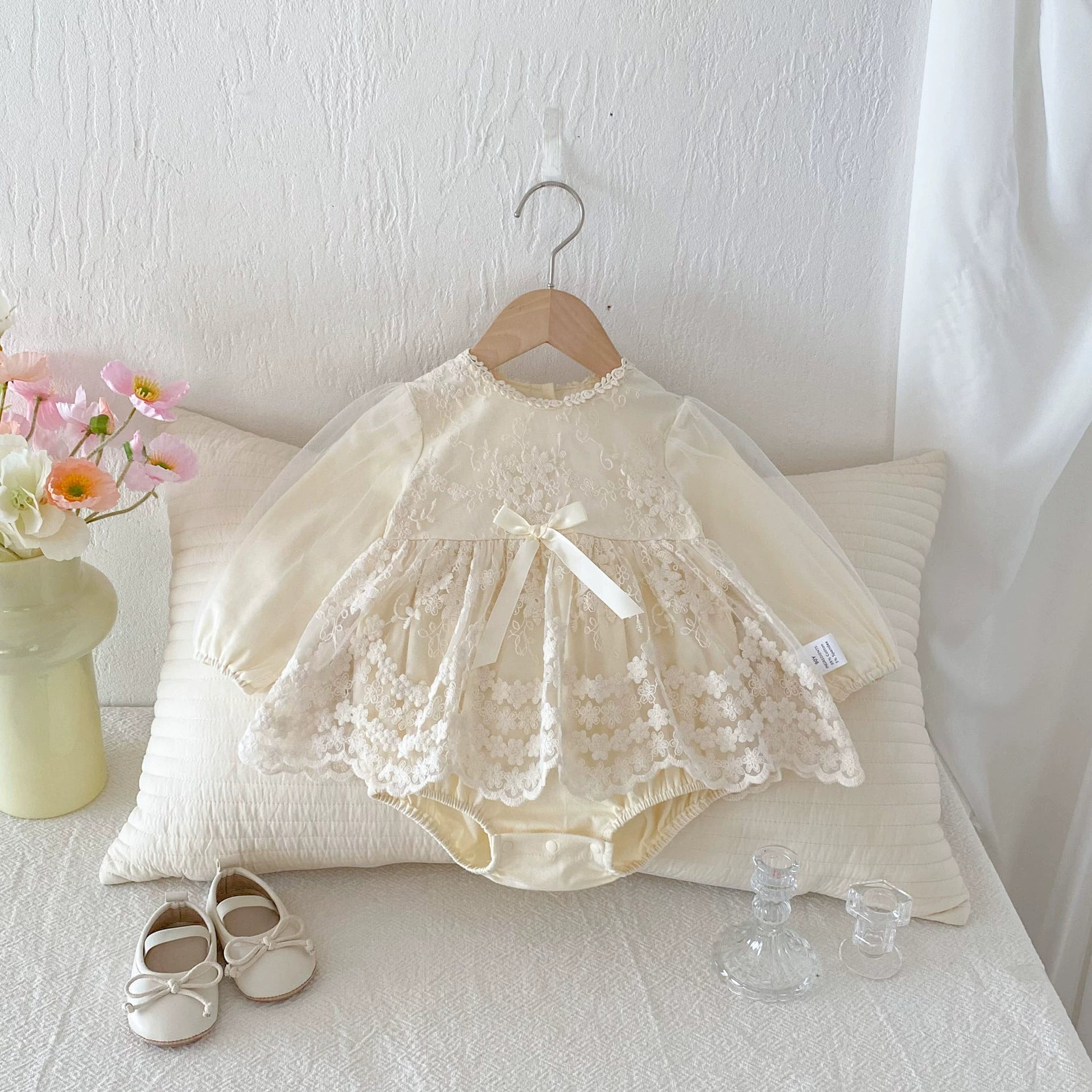 Autumn Arrival Baby Girls Long Sleeves Flowers Pattern Tulle Patchwork Onesies, MyKids-USA®, Baby & Toddler Dresses, MyKids-USA - Size/Age - 66 (3-6M) - Color - Apricot -  -  - TR2508122244-A