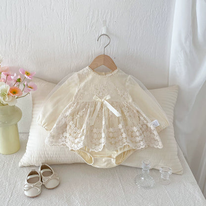 Autumn Arrival Baby Girls Long Sleeves Flowers Pattern Tulle Patchwork Onesies, MyKids-USA®, Baby & Toddler Dresses, MyKids-USA - Size/Age - 66 (3-6M) - Color - Apricot -  -  - TR2508122244-A