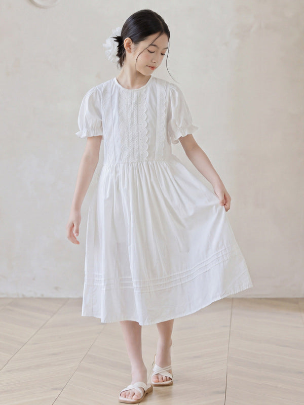 Summer Arrival Short Sleeves Solid Color Crew Neck Dress for Stylish Girls