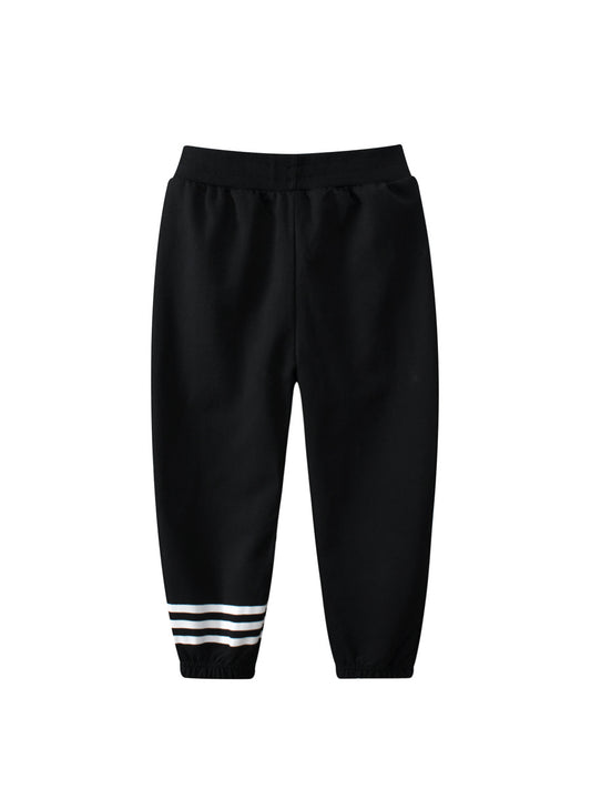 Baby Boys Kids Solid Black White Striped Sports Trousers With Pockets