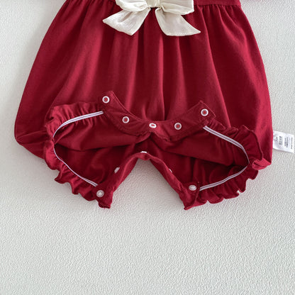 Arrival Summer Baby Kids Girls Short Sleeves Lace Trim Red Rompers