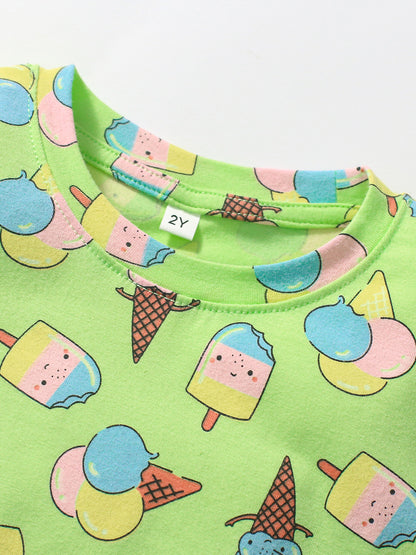 Baby Kids Ice-Cream Cartoon Print Top And Solid Shorts 2-Piece Casual Clothing Set