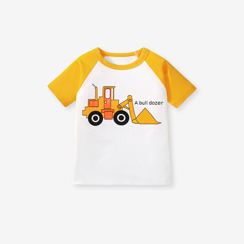 Boys’ Vehicles Cartoon Pattern Short Sleeves T-shirt in European and American Style for Summer, MyKids-USA®, Baby & Toddler Tops, MyKids-USA - Size/Age - 90 (12-24M) - Color - Yellow -  -  - TR2501022054-A