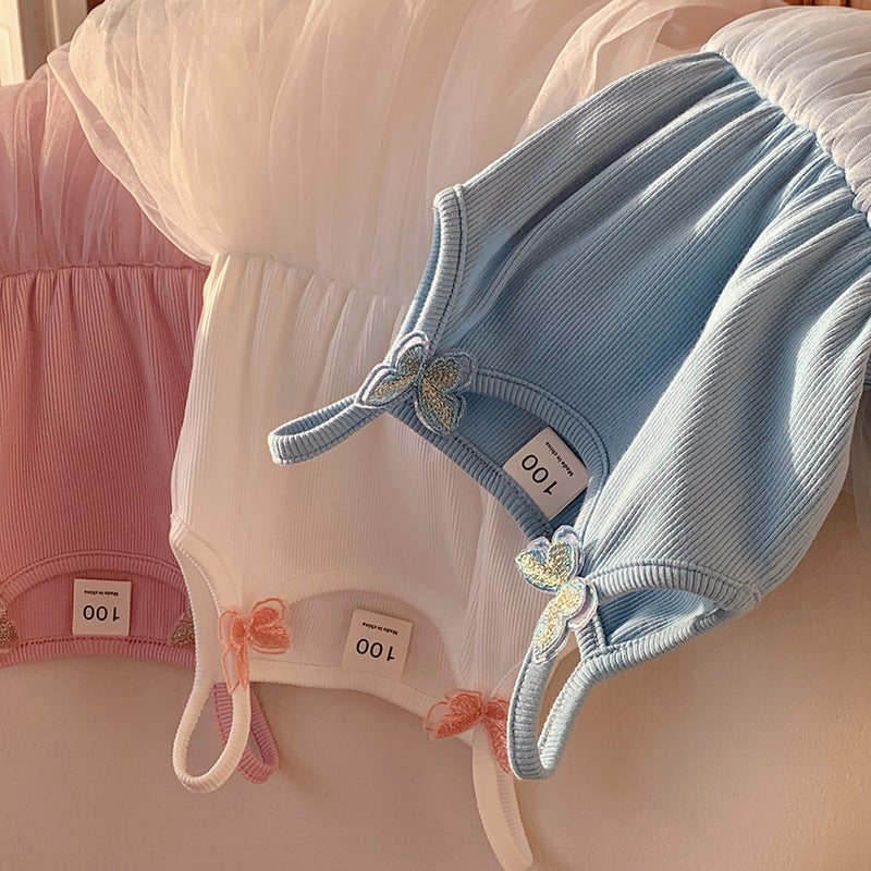 Summer Kids Girls Cute Design Solid Color Sleeveless Chiffon Butterfly Strap Dress
