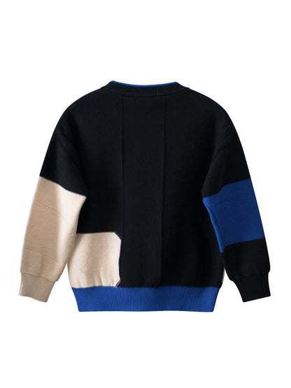 Baby Boy Kids Color Patchwork Crew Neck Long Sleeve Knitwear Pullover