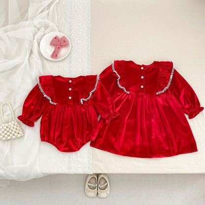 MyKids-USA® Baby Girls Lace Trim Long-sleeved Red Onesies or Dress – Princess Sister Matching
