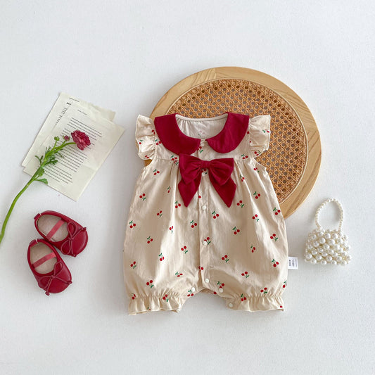Summer Thin Arrival Baby Girls Cherry Print Fly Sleeves Peter Pan Collar Onesies, MyKids-USA®, Baby One-Pieces, MyKids-USA -  -  -  -  -  -  - 