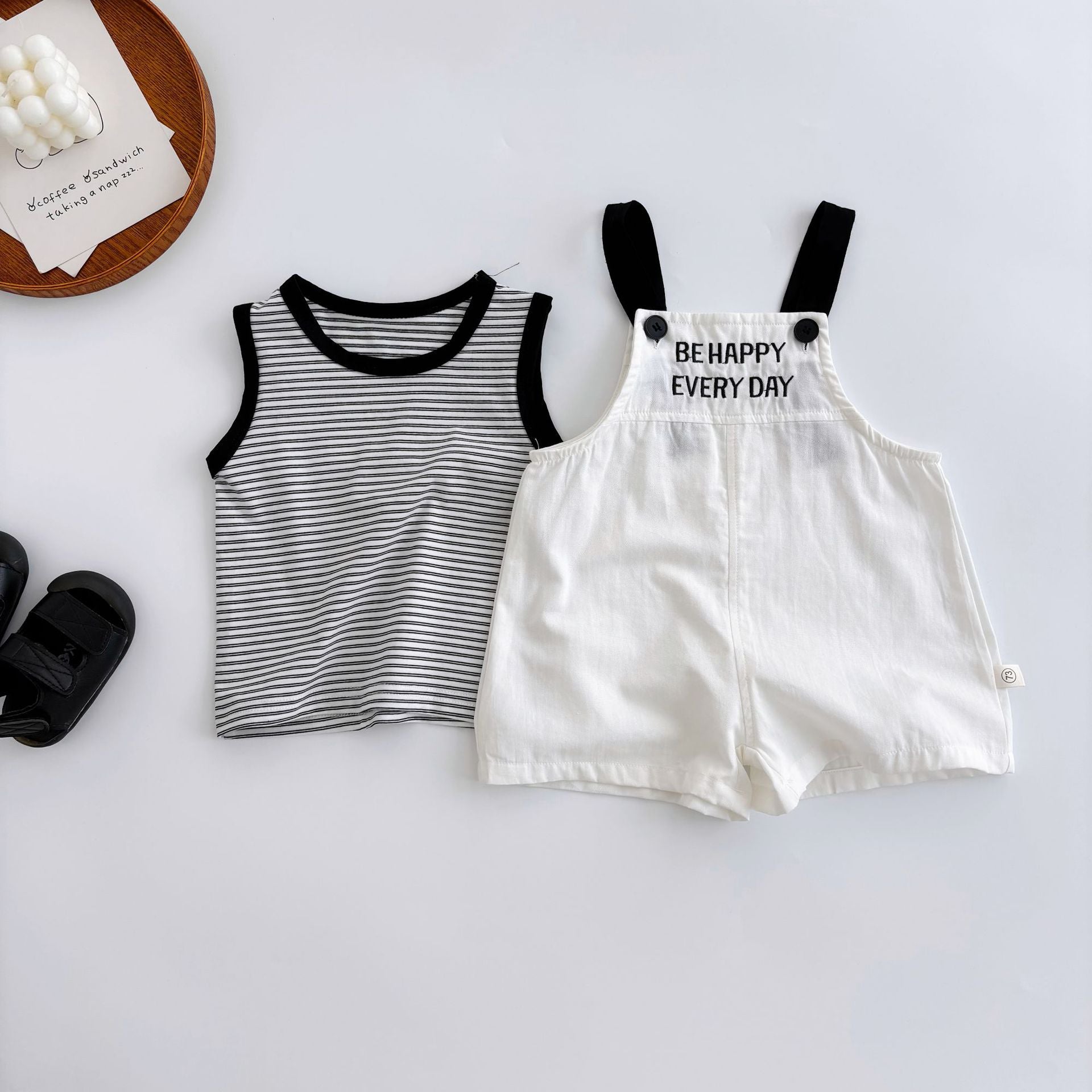 Summer Hot Selling Baby Kids Unisex Sleeveless Letters Embroidered Strap Overalls and Striped Vest Clothing Set, MyKids-USA®, Baby & Toddler Outfits, MyKids-USA - Size/Age - 73 (6-9M) - Color - Beige -  -  - TR2505262039-A