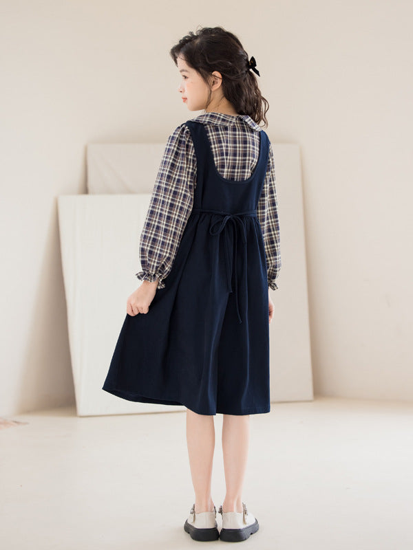 Arrival Autumn Kids Girls Long Sleeves Preppy Plaid Top and Sleeveless Dress Sets