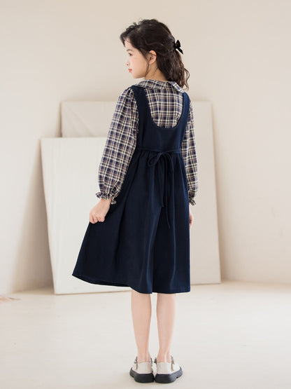 Arrival Autumn Kids Girls Long Sleeves Preppy Plaid Top and Sleeveless Dress Sets