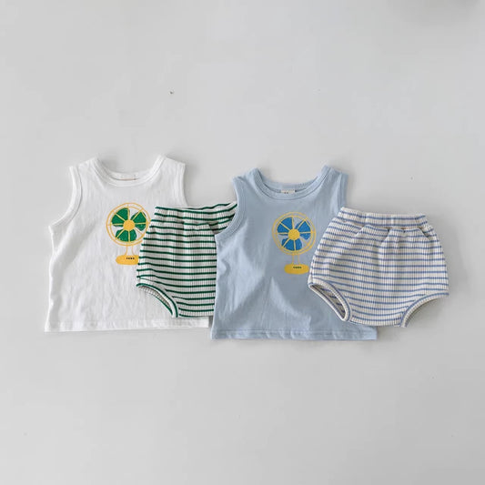 Summer Baby Kids Unisex Cartoon Pattern Top Vest And Striped Bloomers Clothing Set