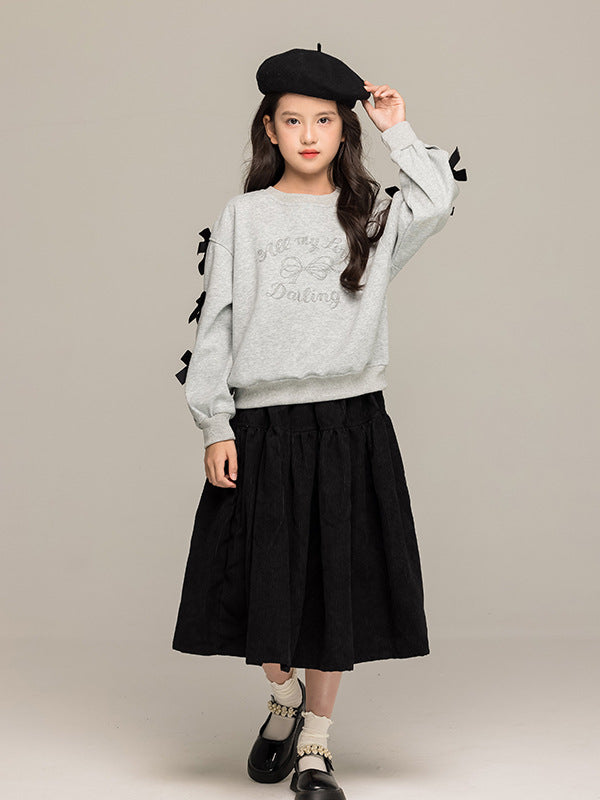 Arrival Autumn Kids Girls Long Sleeves Letters and Butterfly-bow Pattern Sweatshirt and Black Skirt