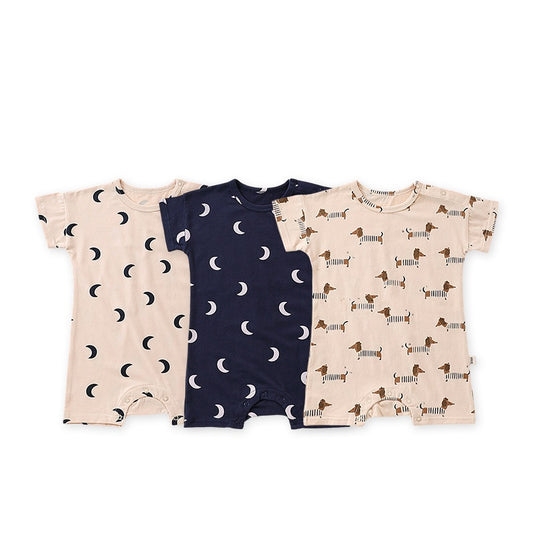 Summer Baby Boys And Girls Moons/Dogs Print Short Sleeves Crew Neck Onesies