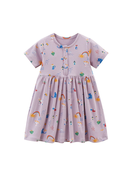 Spring And Summer Baby Girls Short Sleeves Rainbow Animals Floral Cartoon Print Dress, MyKids-USA®, Baby & Toddler Dresses, MyKids-USA - Size/Age - 90 (12-24M) - Color - Purple -  -  - TR2312071112-A