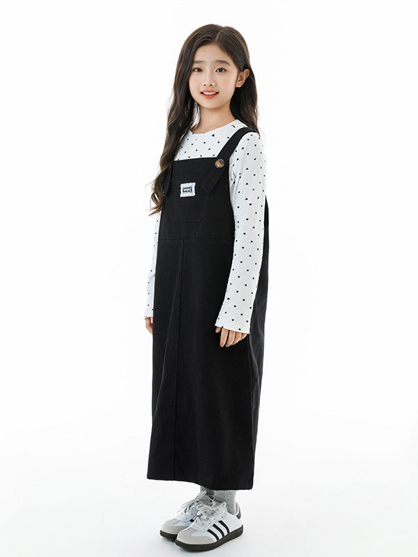 Arrival Autumn Kids Girls Long Sleeves Dots Pattern Top and Black Overalls Clothing Set