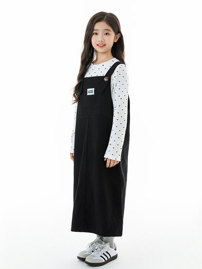 Arrival Autumn Kids Girls Long Sleeves Dots Pattern Top and Black Overalls Clothing Set