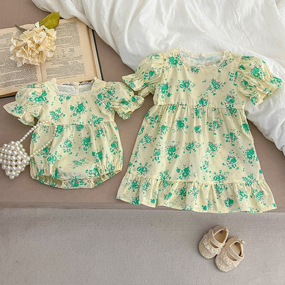 Summer Girls Green Floral Pattern Square Neck Onesies And Girls’ Dress – Princess Sister Matching Set