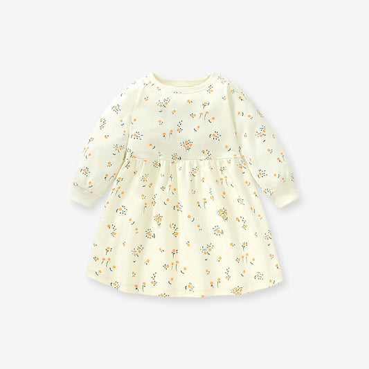 Spring Baby Grils Long Sleeve Floral Elements Logo Beige Princess Dress