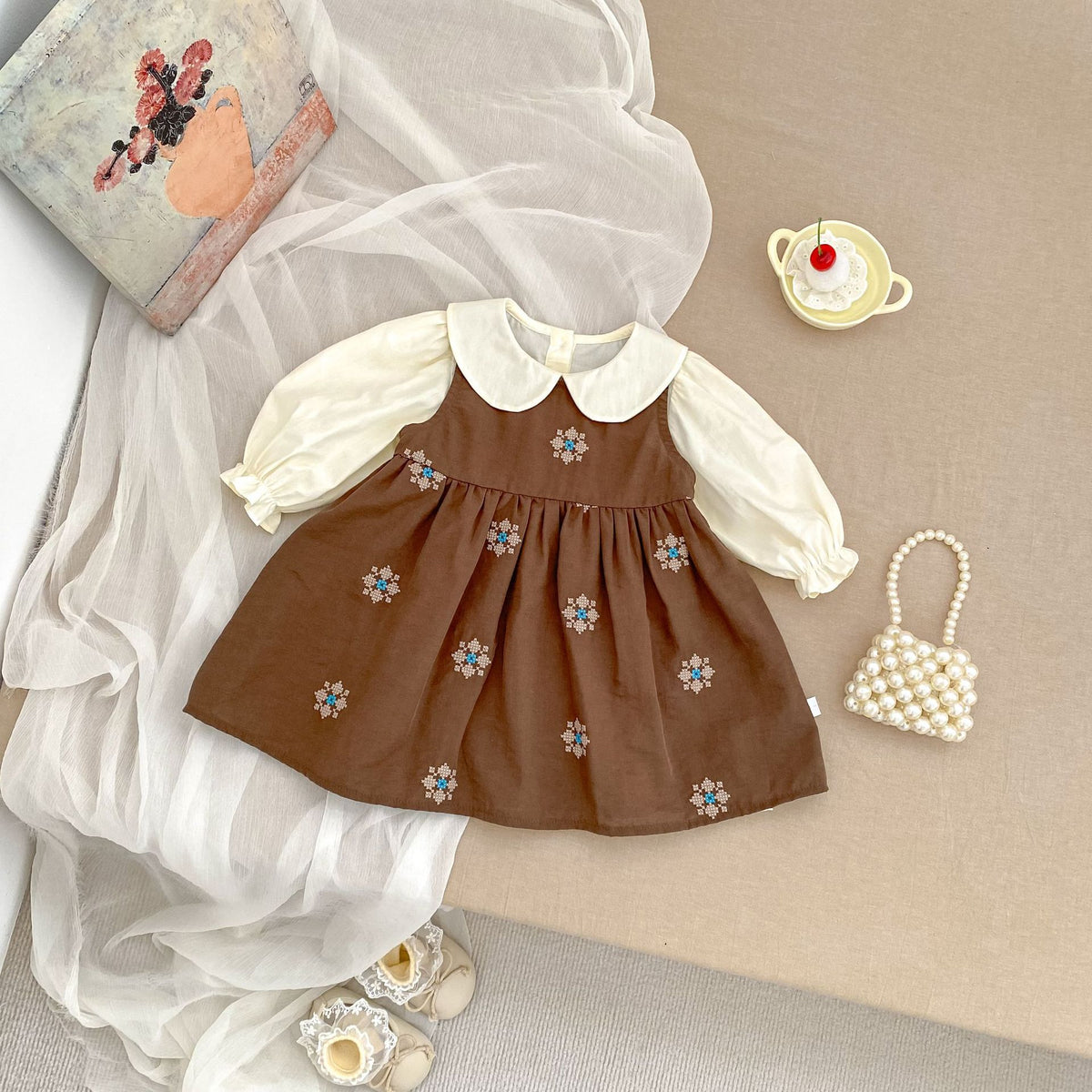 MyKids-USA® Arrival Autumn Baby Kids Girls Long Sleeves Apricot Dress and Flowers Embroidered Sleeveless Dress Clothing Set