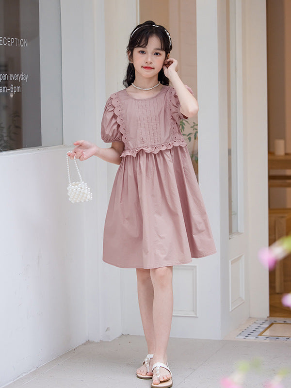 Hot Selling Summer Kids Girls Simple Style Solid Color Plain Cotton Short Sleeves Hollow Out Trim Dress 120 (5-7Y) / Pink Hot Selling Summer Kids Girls Simple Style Solid Color Plain Cotton Short Sleeves Hollow Out Trim Dress 120 (5-7Y) / Pink