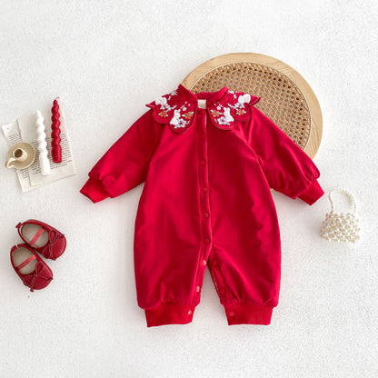 Infant Baby Girls Thick Warm Long Sleeve Rabbits Floral Knitted Round Collar Red Romper, MyKids-USA®, Baby One-Pieces, MyKids-USA - Size/Age - 66 (3-6M) - Color - Red -  -  - TR2311091621-A