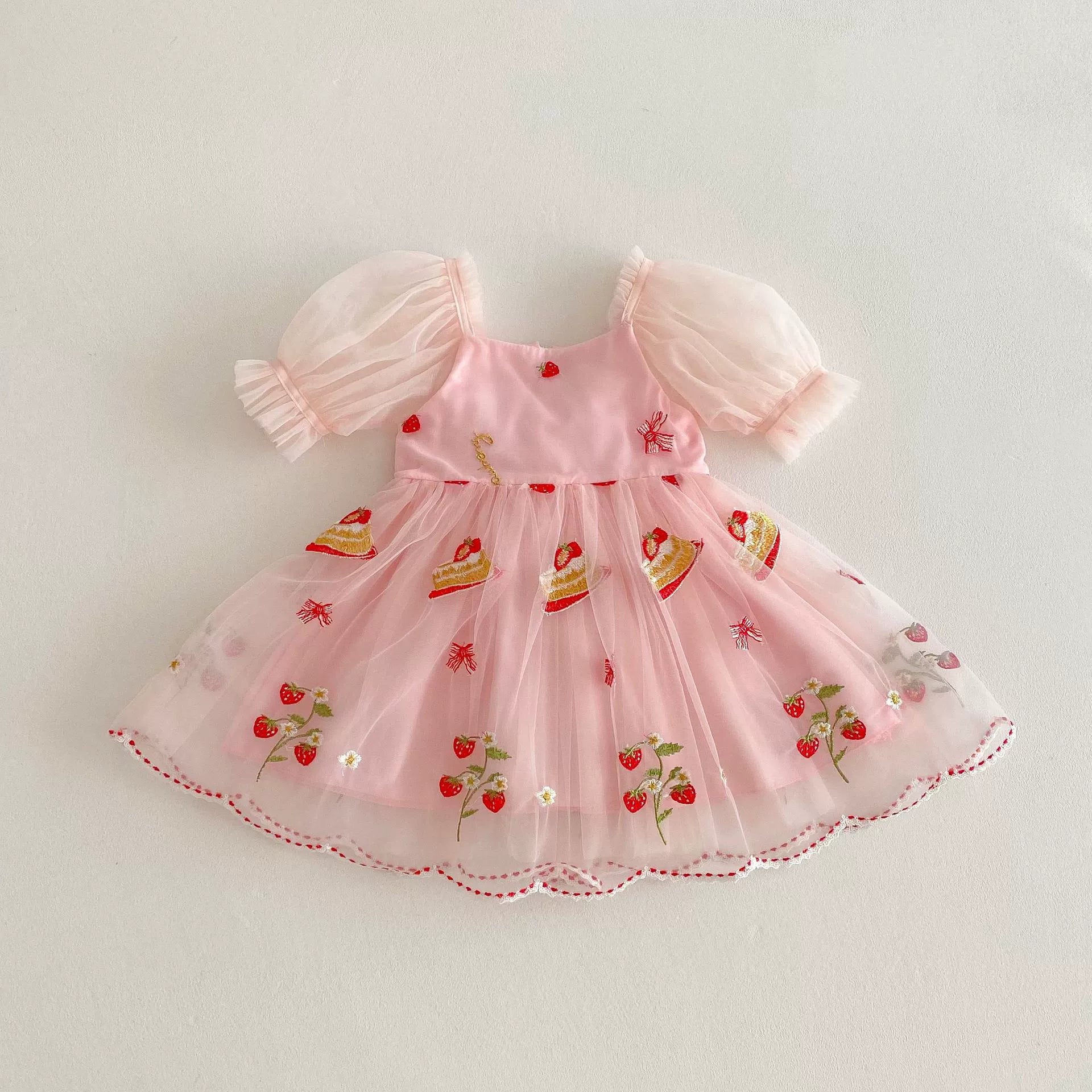Summer Arrival Baby Girls Flowers and Fruits Embroidered Tulle Design Short Sleeves Dress, MyKids-USA®, Baby & Toddler Dresses, MyKids-USA - Size/Age - 90 (12-24M) - Color - Pink -  -  - TR2506142003-A