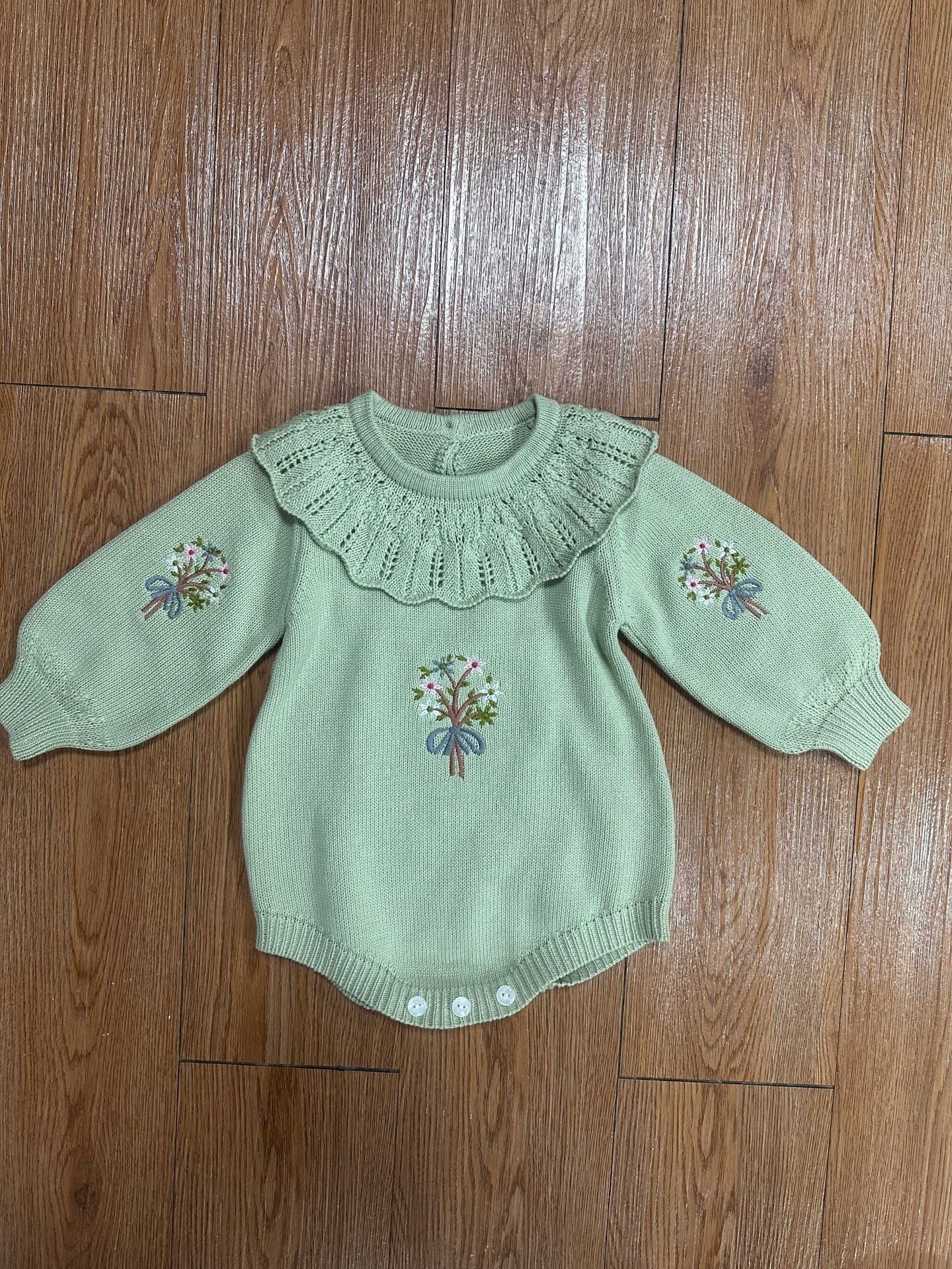Autumn Design Baby Girls Flowers Embroidery Pattern Long Sleeves Ruffle Collar Knitted Onesies, MyKids-USA®, Baby One-Pieces, MyKids-USA - Size/Age - 66 (3-6M) - Color - Green -  -  - TR2408222033-A