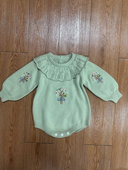 Autumn Design Baby Girls Flowers Embroidery Pattern Long Sleeves Ruffle Collar Knitted Onesies, MyKids-USA®, Baby One-Pieces, MyKids-USA - Size/Age - 66 (3-6M) - Color - Green -  -  - TR2408222033-A
