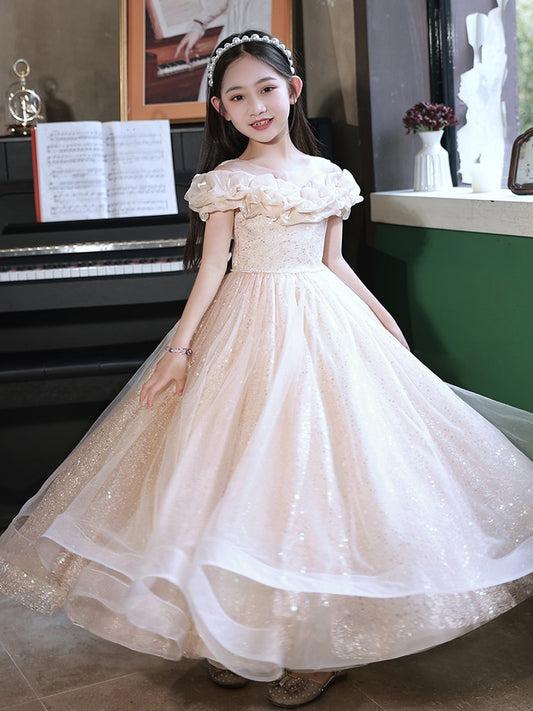 Champagne Tulle Hostess One-Shoulder Evening Gown For Girls: Perfect Attire For Piano Performances, MyKids-USA®, Baby & Toddler Dresses, MyKids-USA - Size/Age - 100 (2-3Y) - Color - Gold -  -  - TR2312271950-A
