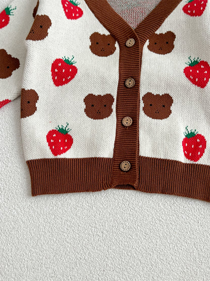 Baby Girls Cute Strawberry Combo Little Bear Head Long-Sleeved Cardigan