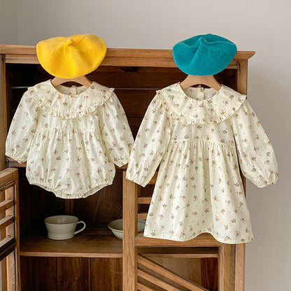 Spring Baby Girls French-style Floral Long-sleeved Onesies and Dress – Princess Sister Matching Set, MyKids-USA®, Baby & Toddler Outfits, MyKids-USA -  -  -  -  -  -  - 