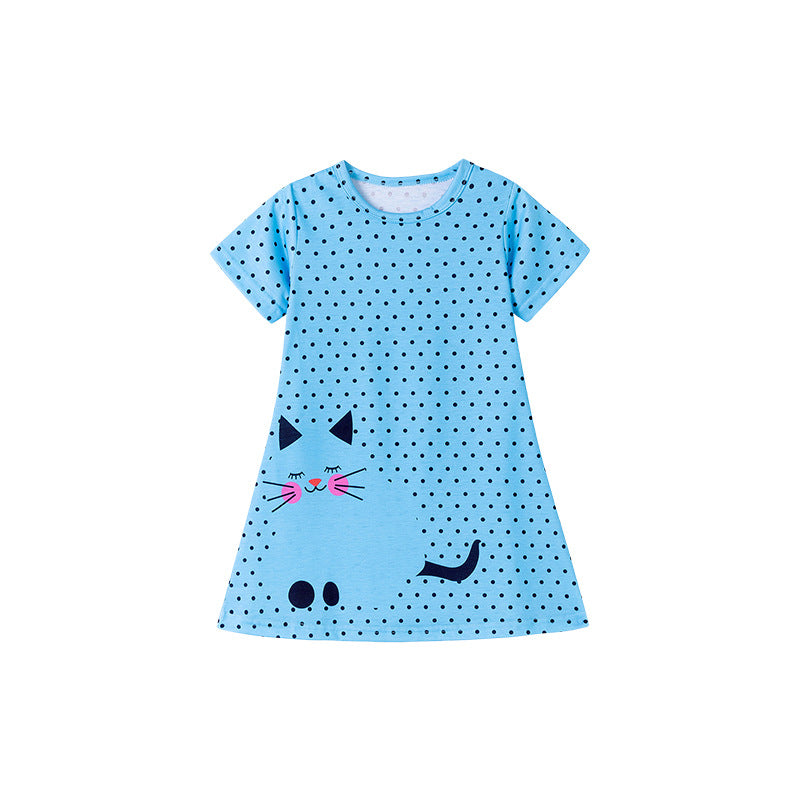 Summer Arrival Cartoon Cat and Dots Pattern Short Sleeves Dress for Stylish Girls, MyKids-USA®, Baby & Toddler Dresses, MyKids-USA -  -  -  -  -  -  - 