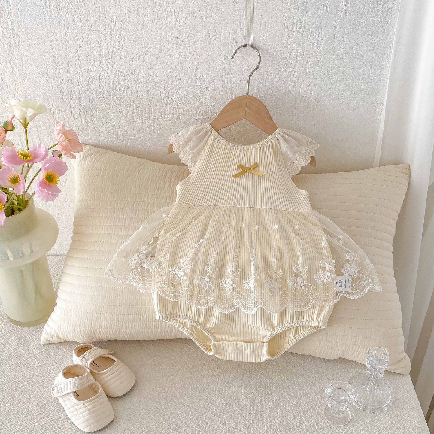 Summer Arrival Baby Girls Cute Apricot Fly Sleeves Flowers Pattern Tulle Patchwork Onesies, MyKids-USA®, Baby One-Pieces, MyKids-USA -  -  -  -  -  -  - 