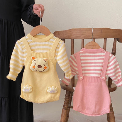 Baby Kids Unisex Long Sleeves Striped Pattern Top and Cartoon Bodysuit Overalls Knitted Clothing Set, MyKids-USA®, Baby & Toddler Outfits, MyKids-USA -  -  -  -  -  -  - .